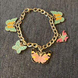 Silvertone Chain Link Bracelet / Anklet with Multi Colored Enamel Butterflies.
